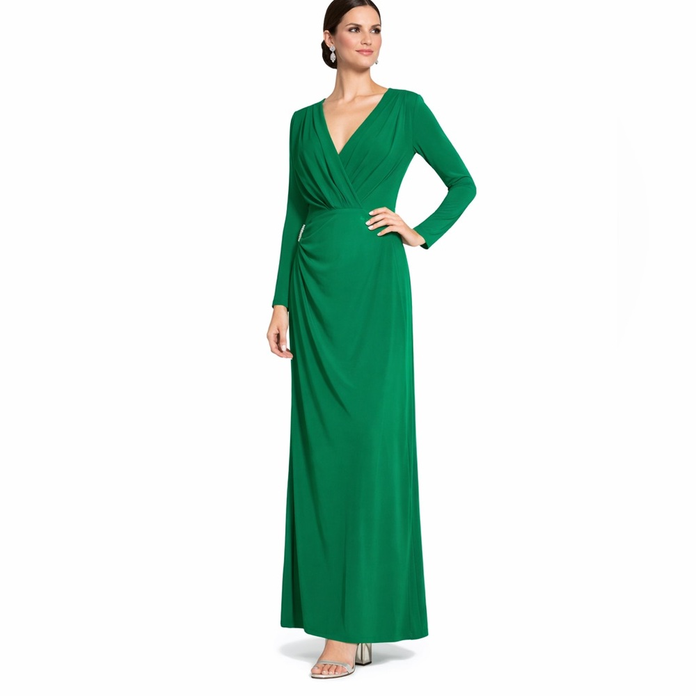Ralph Lauren Emerald Green Long Sleeve V-Neck Gown